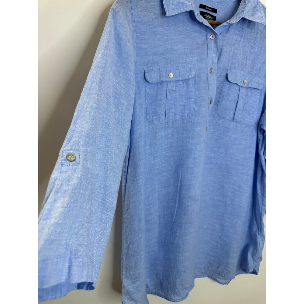 Jones & Co. 100% Linen Half Button Shirt Blue Top Large Resort Coastal *Flawed - Picture 3 of 12